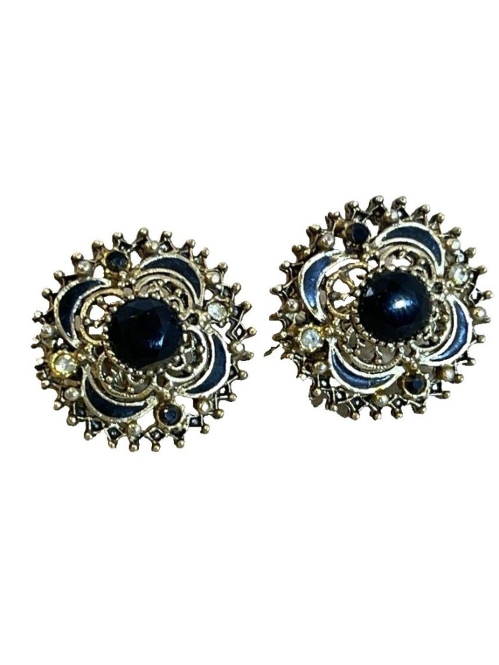 Vintage Florenza Gold Tone Black Center Stone Clip on Earrings Signed - Picture 3 of 6